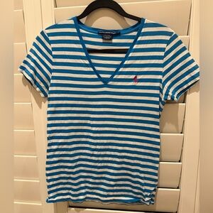 Ralph Lauren Sport turquoise and White Striped V neck Top